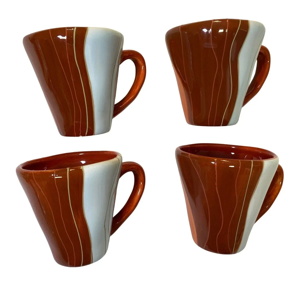 Pier 1 Canyon Stripe Hand Painted Earthenware Mug Set Orange White 4pc